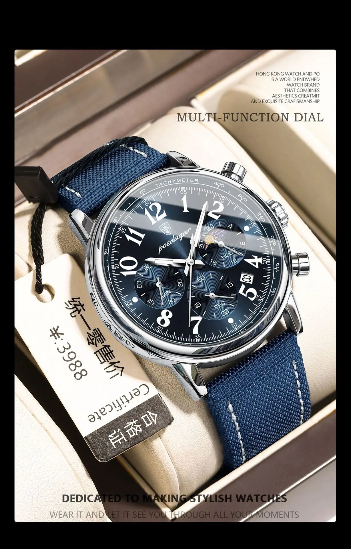 POEDAGAR Men's Watches Casual Fashion Original Quartz Watch for Man Waterproof Nylon Leather Strap Chronograph Moon Phase Date