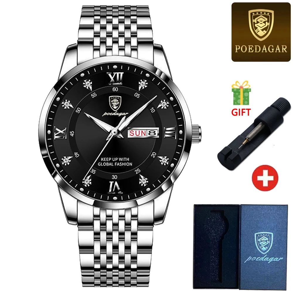 POEDAGAR Classic Man Wristwatch Waterproof Luminous Chronograph Watch For Men Stainless Steel Men's Quartz Watches reloj hombre