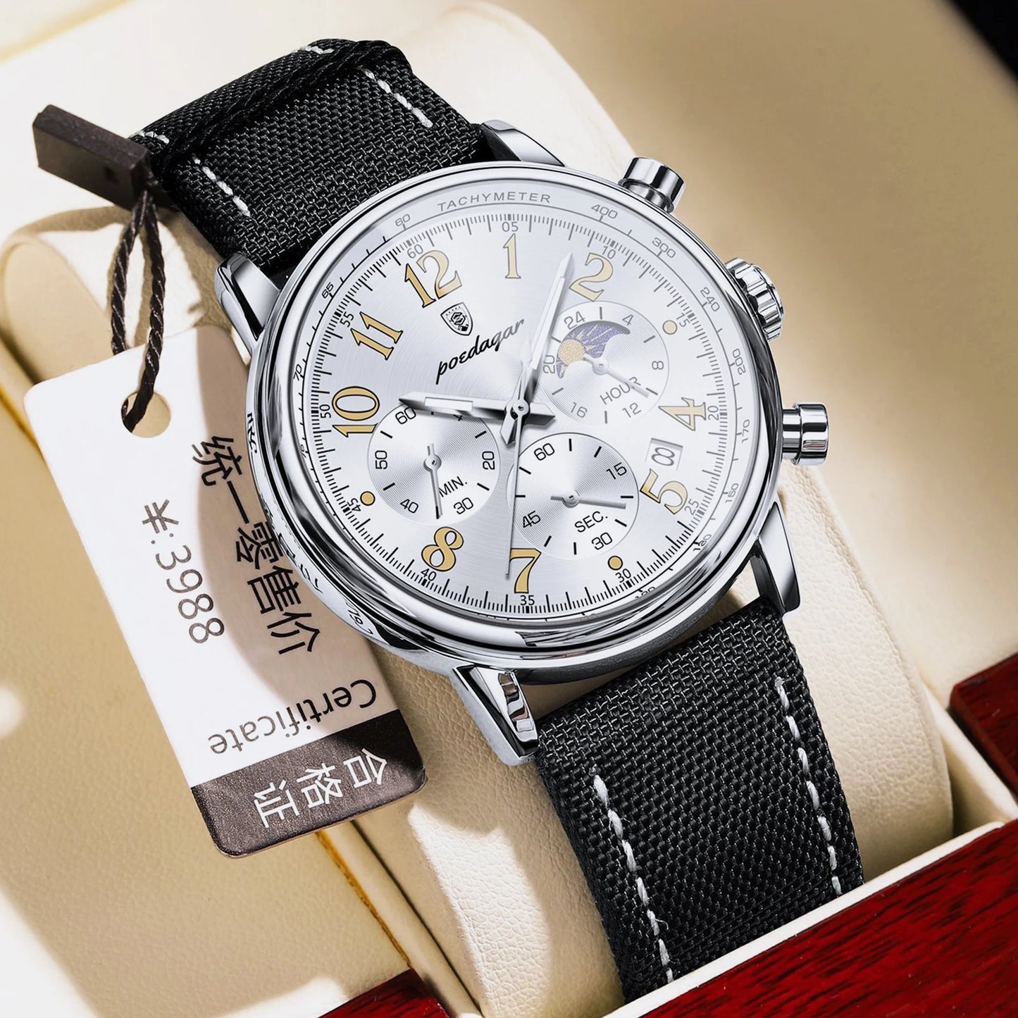 POEDAGAR Men's Watches Casual Fashion Original Quartz Watch for Man Waterproof Nylon Leather Strap Chronograph Moon Phase Date