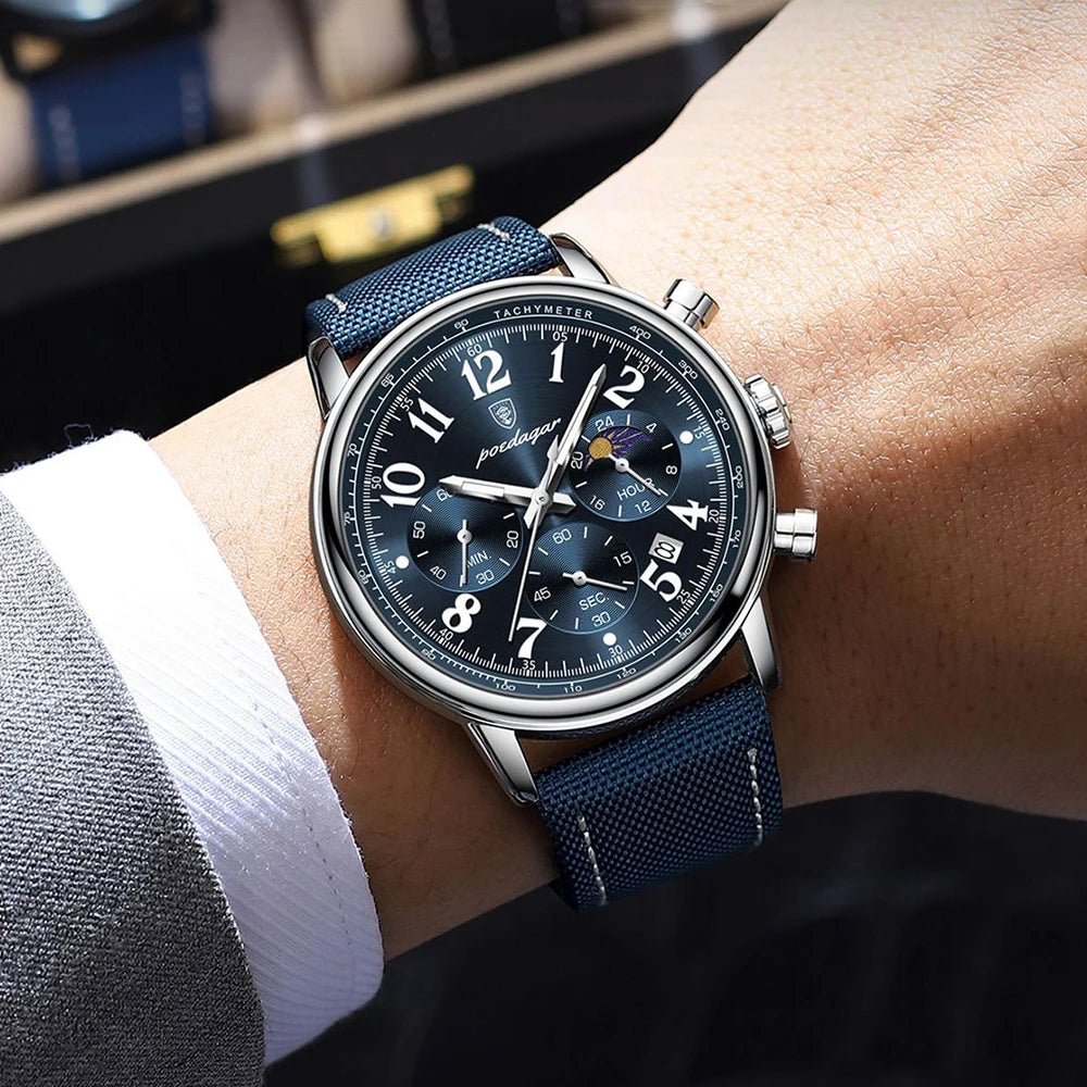 POEDAGAR Men's Watches Casual Fashion Original Quartz Watch for Man Waterproof Nylon Leather Strap Chronograph Moon Phase Date