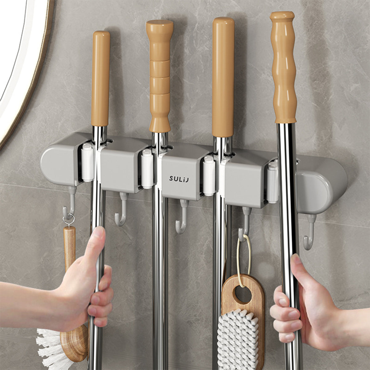 Broom Mop Holder with Hooks Wall Mounted Broom Storage Rack No Drilling Self-Adhesive Kitchens Organizer Multifunction Holder