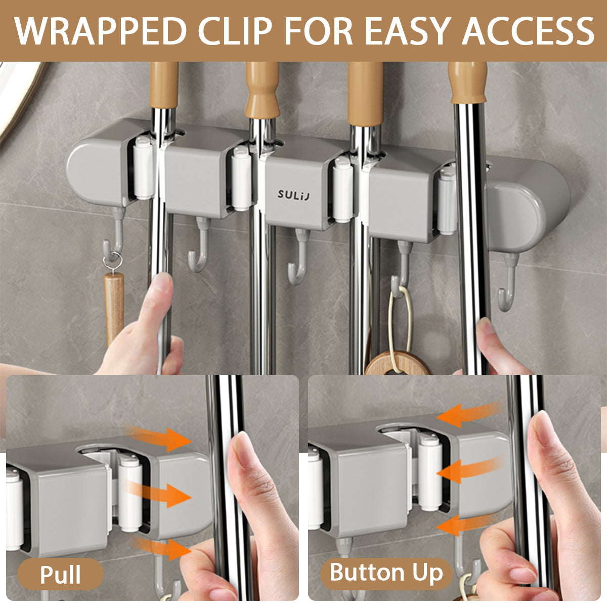 Broom Mop Holder with Hooks Wall Mounted Broom Storage Rack No Drilling Self-Adhesive Kitchens Organizer Multifunction Holder