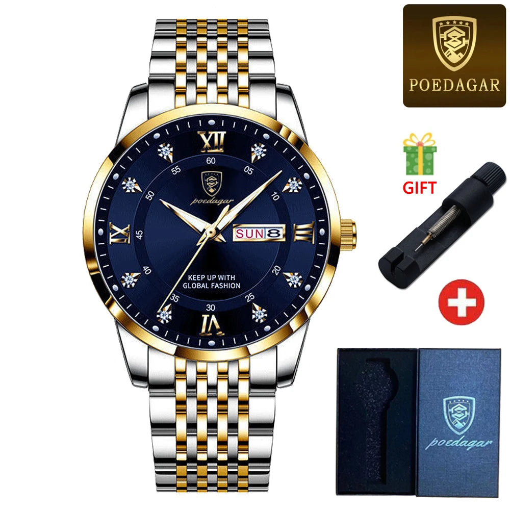 POEDAGAR Classic Man Wristwatch Waterproof Luminous Chronograph Watch For Men Stainless Steel Men's Quartz Watches reloj hombre