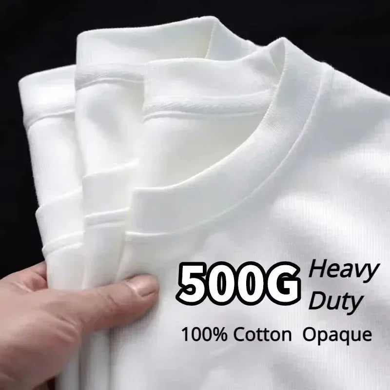 Black White GSM 500g Heavy Duty Cotton Plus Size T-Shirt Crew Neck Men's Short Sleeve Three Needles Half Sleeve Tee