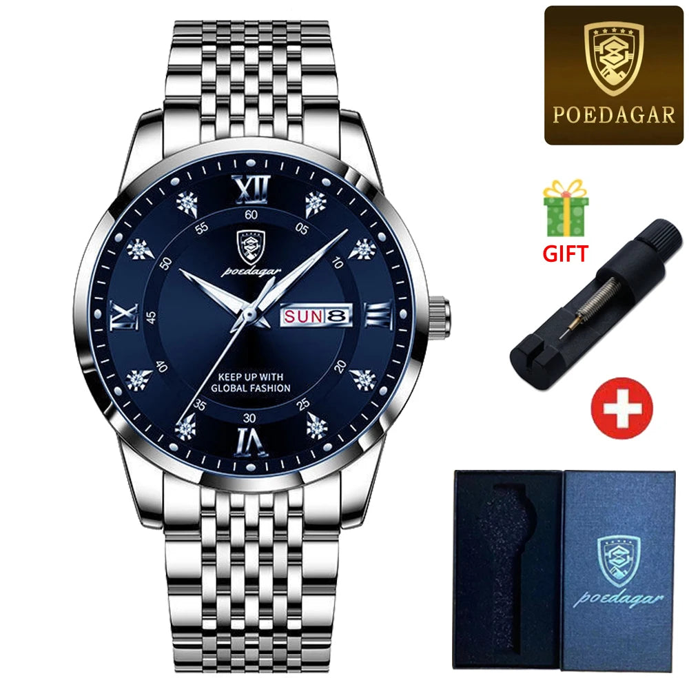 POEDAGAR Classic Man Wristwatch Waterproof Luminous Chronograph Watch For Men Stainless Steel Men's Quartz Watches reloj hombre