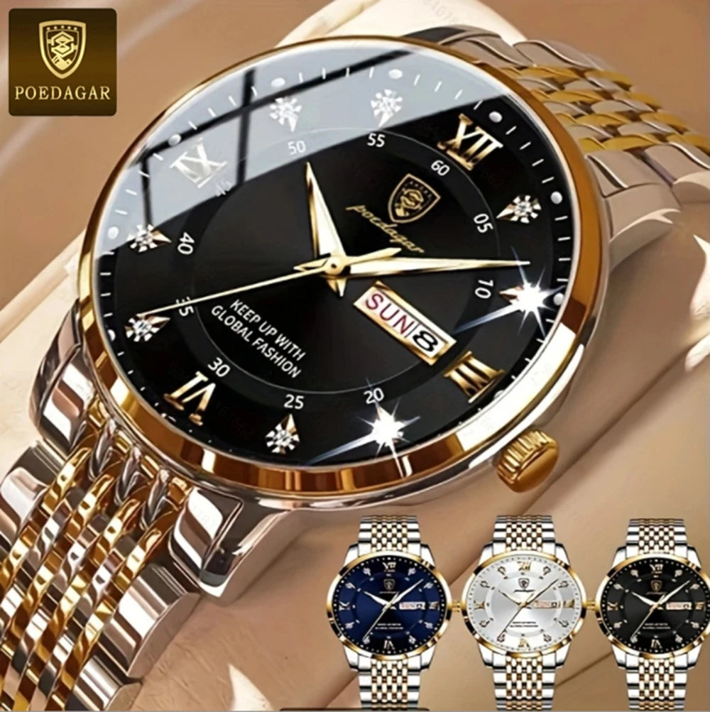 POEDAGAR Classic Man Wristwatch Waterproof Luminous Chronograph Watch For Men Stainless Steel Men's Quartz Watches reloj hombre