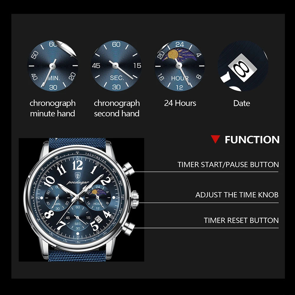 POEDAGAR Men's Watches Casual Fashion Original Quartz Watch for Man Waterproof Nylon Leather Strap Chronograph Moon Phase Date