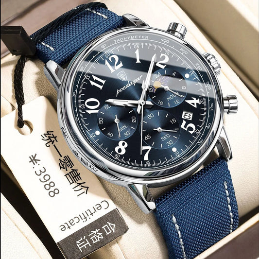 POEDAGAR Men's Watches Casual Fashion Original Quartz Watch for Man Waterproof Nylon Leather Strap Chronograph Moon Phase Date