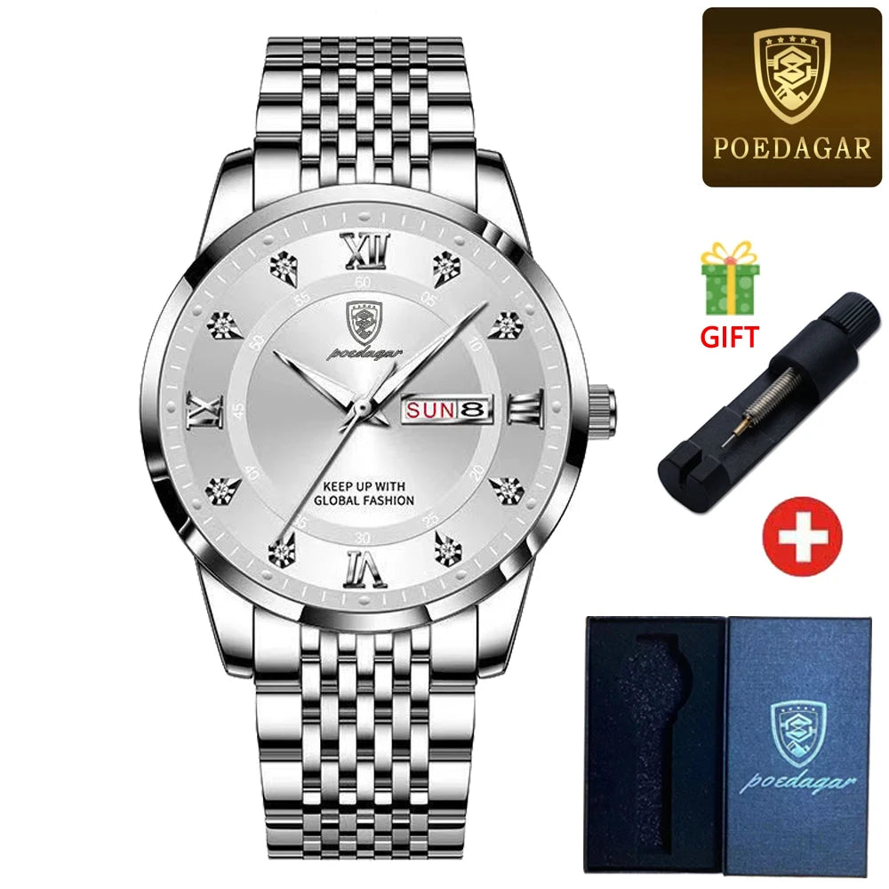 POEDAGAR Classic Man Wristwatch Waterproof Luminous Chronograph Watch For Men Stainless Steel Men's Quartz Watches reloj hombre