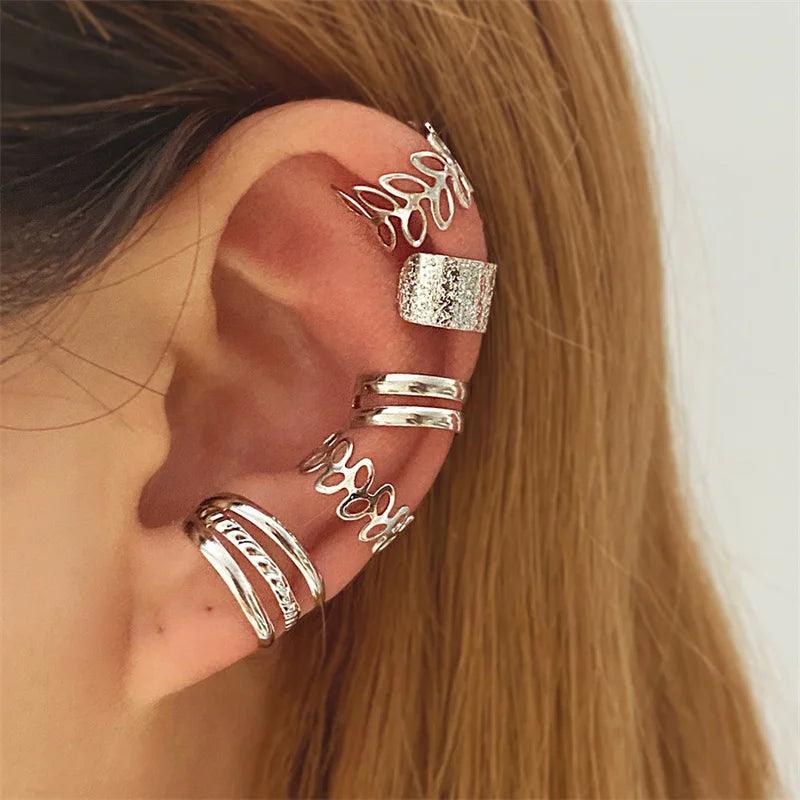 Silver Color Leaves Clip Earrings for Women Men Creative Simple C Ear Cuff Non-Piercing Ear Ear Clip Set Trend Jewelry Gift - Shopping Monks