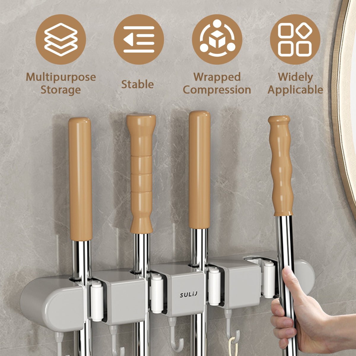 Broom Mop Holder with Hooks Wall Mounted Broom Storage Rack No Drilling Self - Adhesive Kitchens Organizer Multifunction Holder - Shopping Monks