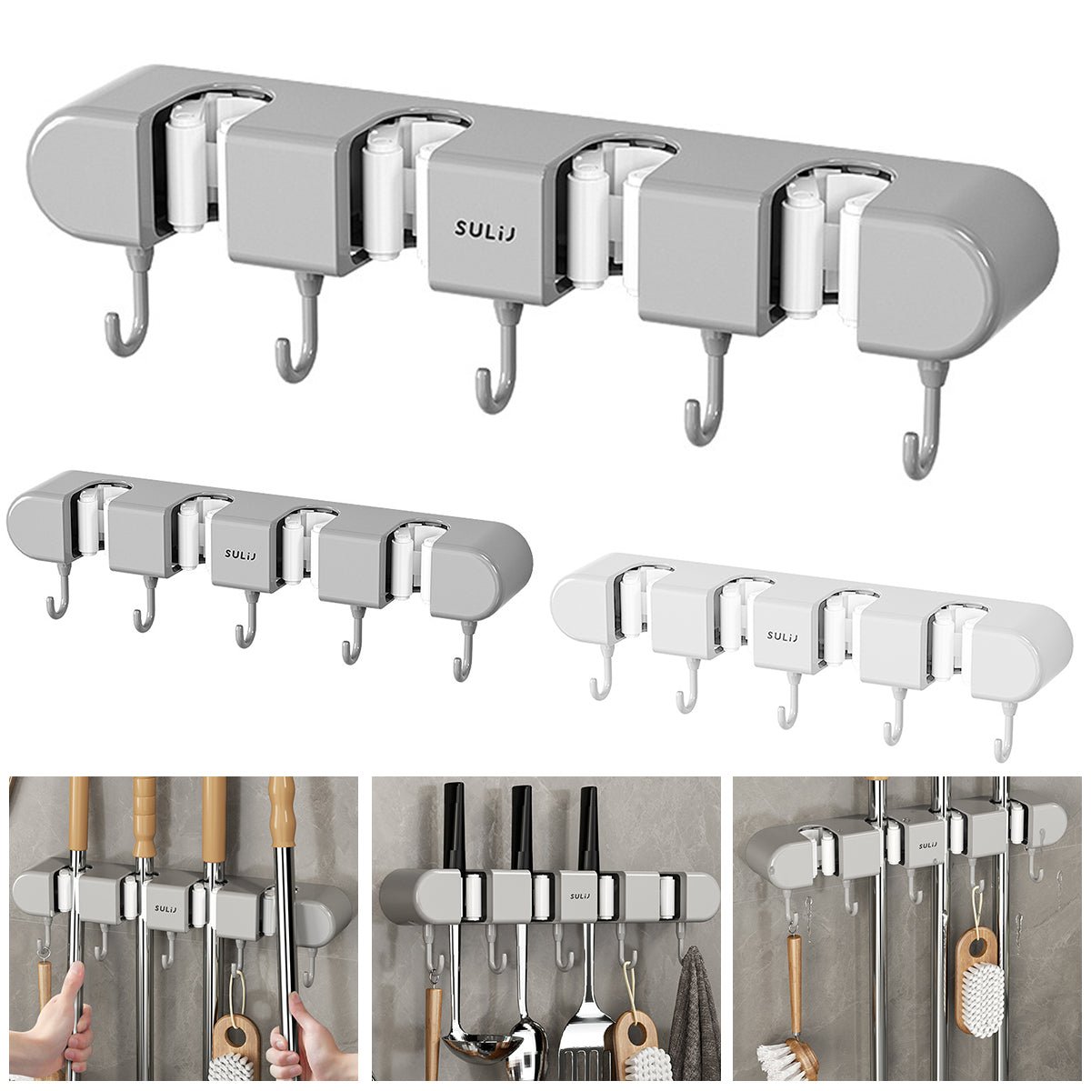 Broom Mop Holder with Hooks Wall Mounted Broom Storage Rack No Drilling Self - Adhesive Kitchens Organizer Multifunction Holder - Shopping Monks