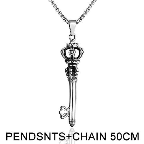 Europe Fashion stainless steel pendant necklace Trendy Men's Crown Key Pendants For unisex sweater chain Personality Party Gift - Shopping Monks