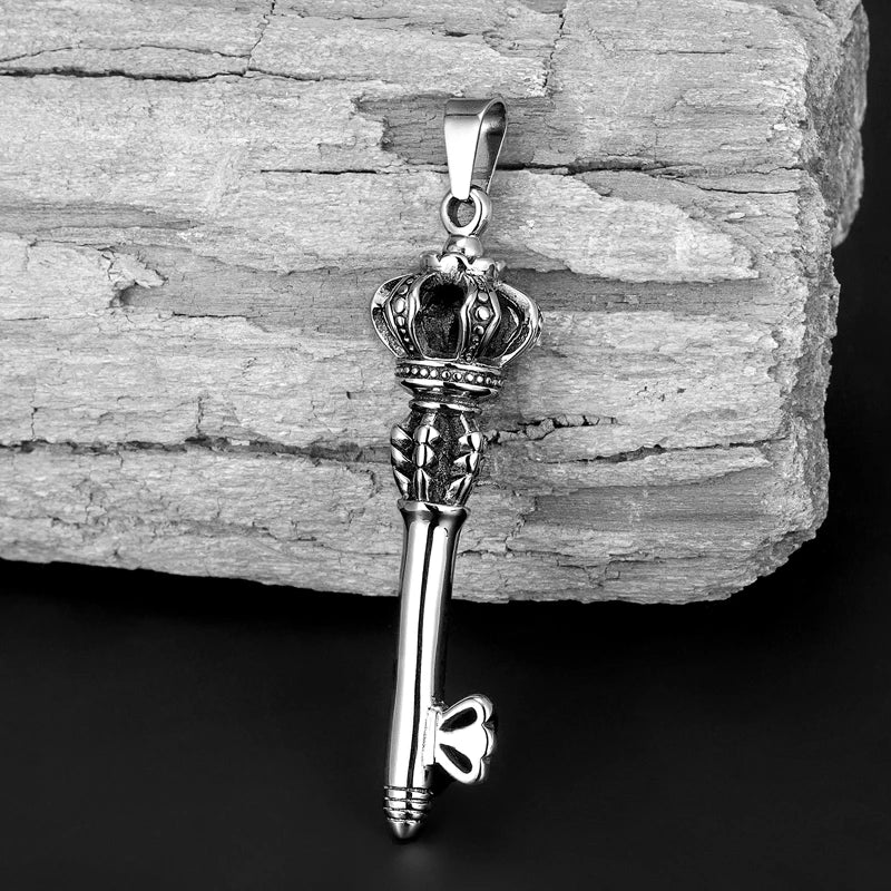 Europe Fashion stainless steel pendant necklace Trendy Men's Crown Key Pendants For unisex sweater chain Personality Party Gift - Shopping Monks