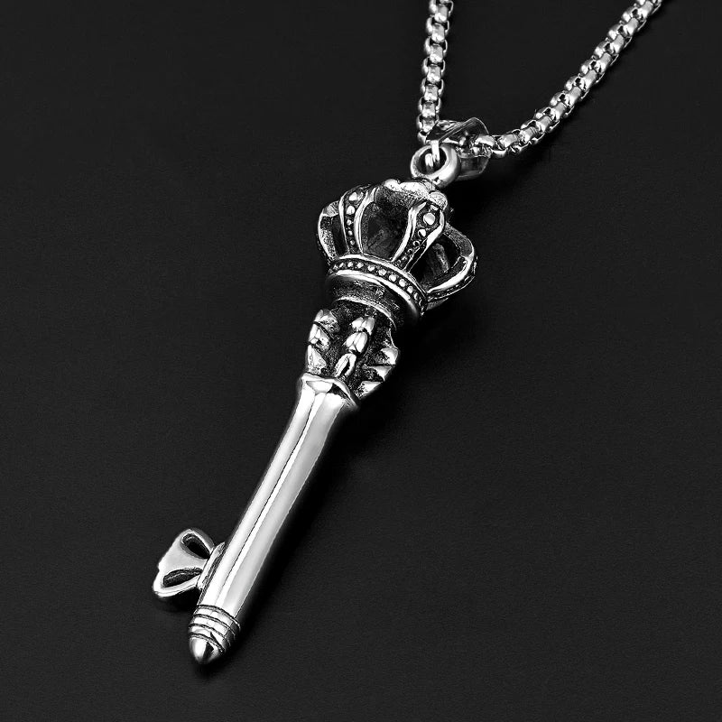 Europe Fashion stainless steel pendant necklace Trendy Men's Crown Key Pendants For unisex sweater chain Personality Party Gift - Shopping Monks