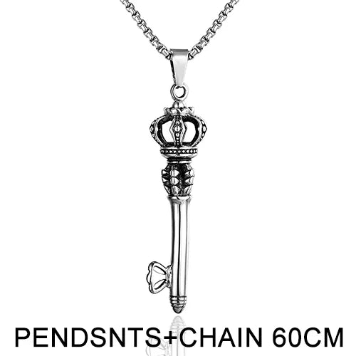 Europe Fashion stainless steel pendant necklace Trendy Men's Crown Key Pendants For unisex sweater chain Personality Party Gift - Shopping Monks