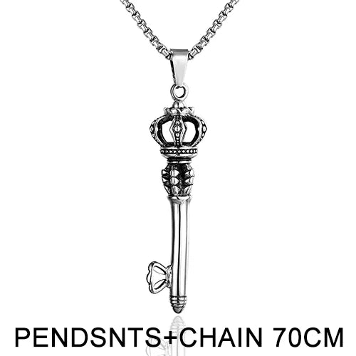 Europe Fashion stainless steel pendant necklace Trendy Men's Crown Key Pendants For unisex sweater chain Personality Party Gift - Shopping Monks