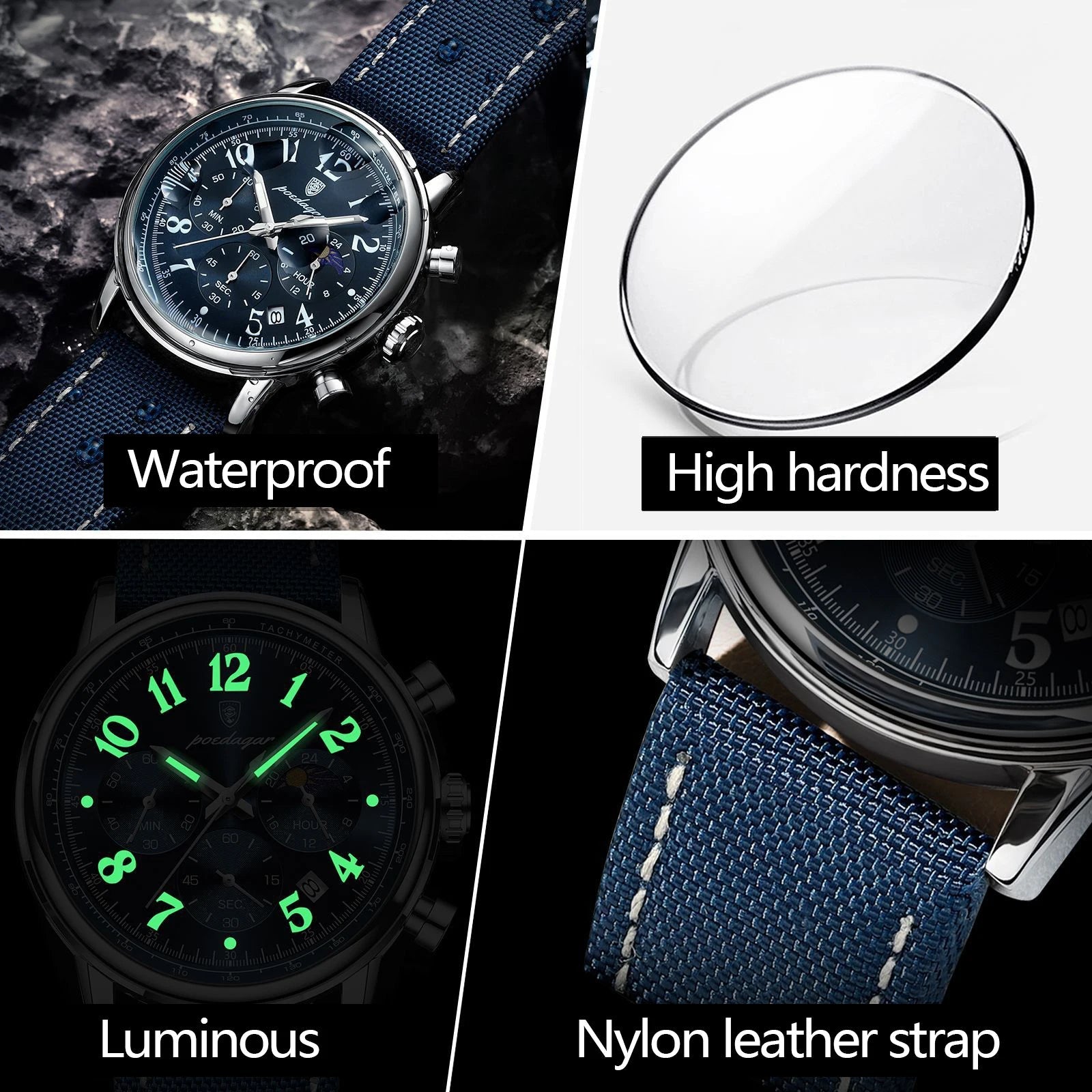 POEDAGAR Men's Watches Casual Fashion Original Quartz Watch for Man Waterproof Nylon Leather Strap Chronograph Moon Phase Date - Shopping Monks