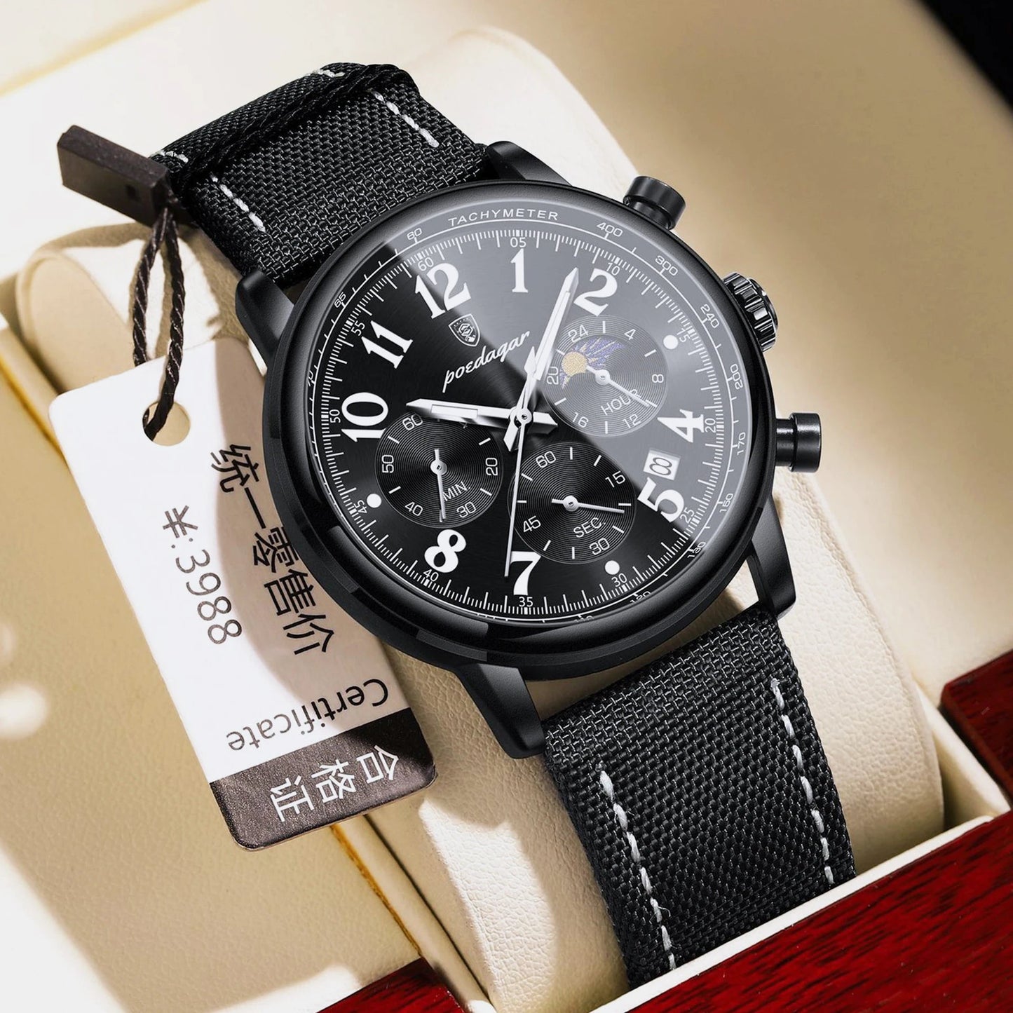 POEDAGAR Men's Watches Casual Fashion Original Quartz Watch for Man Waterproof Nylon Leather Strap Chronograph Moon Phase Date - Shopping Monks