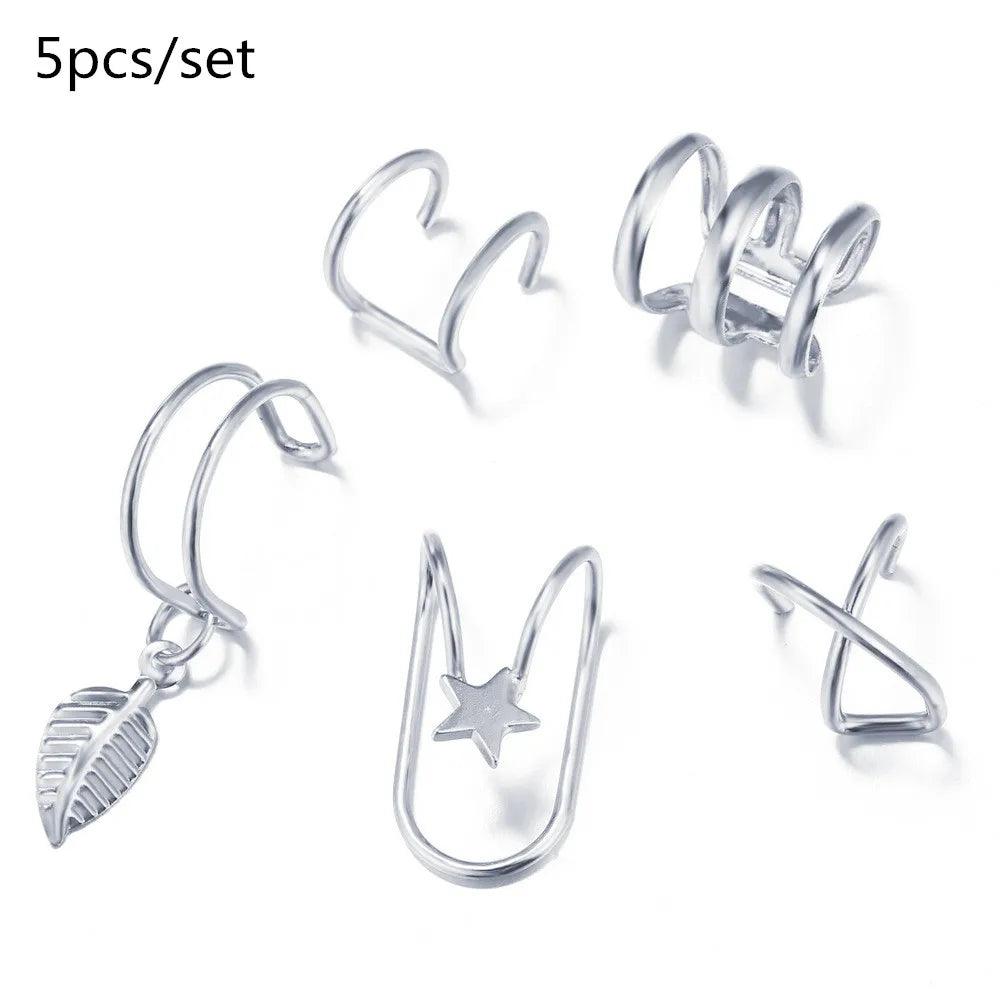 Silver Color Leaves Clip Earrings for Women Men Creative Simple C Ear Cuff Non - Piercing Ear Ear Clip Set Trend Jewelry Gift - Shopping Monks